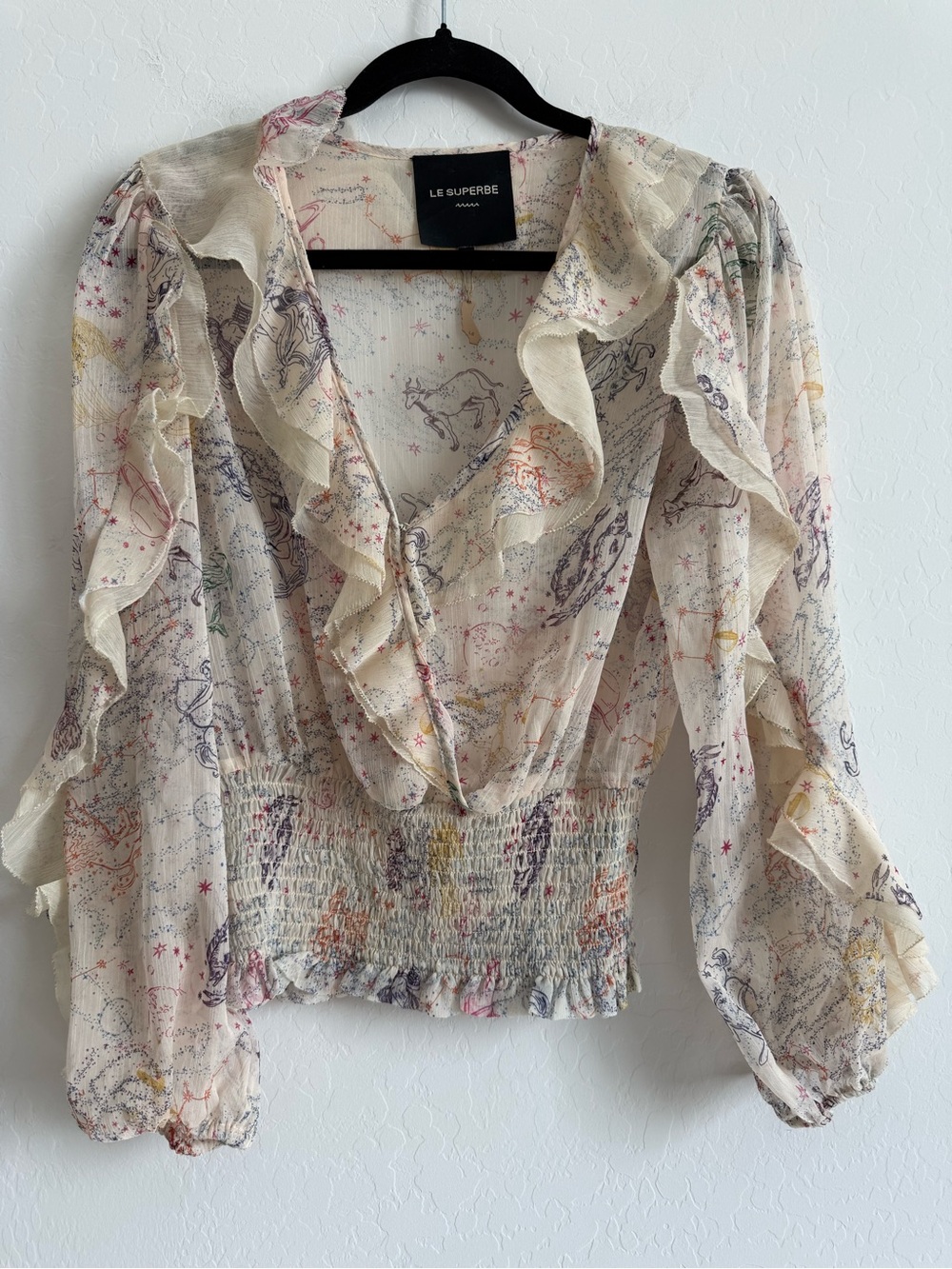 Le Superbe Sheer Zodiac Astrology Horoscope Blouse Ruffle Smocked Small